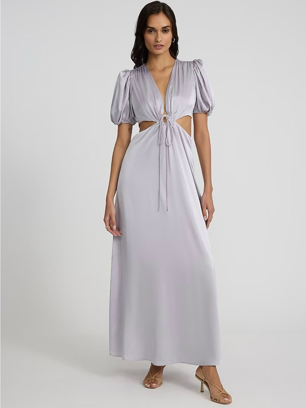 Satin V-Neck Puff Sleeve Tie Front Cutout Maxi Dress